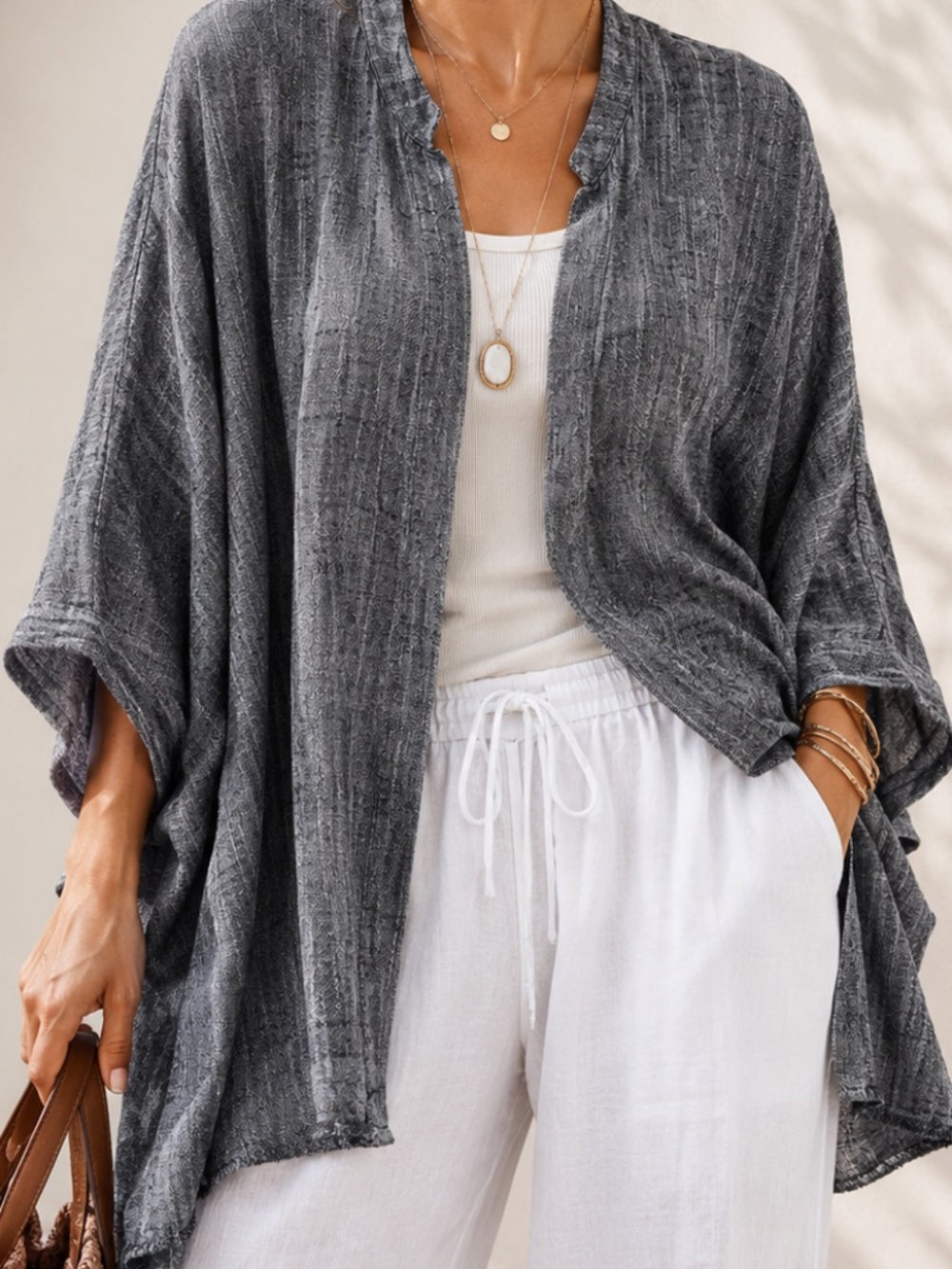Black Crane Linen Cotton Blend Oversized Gray Open Front Cardigan Top One Size